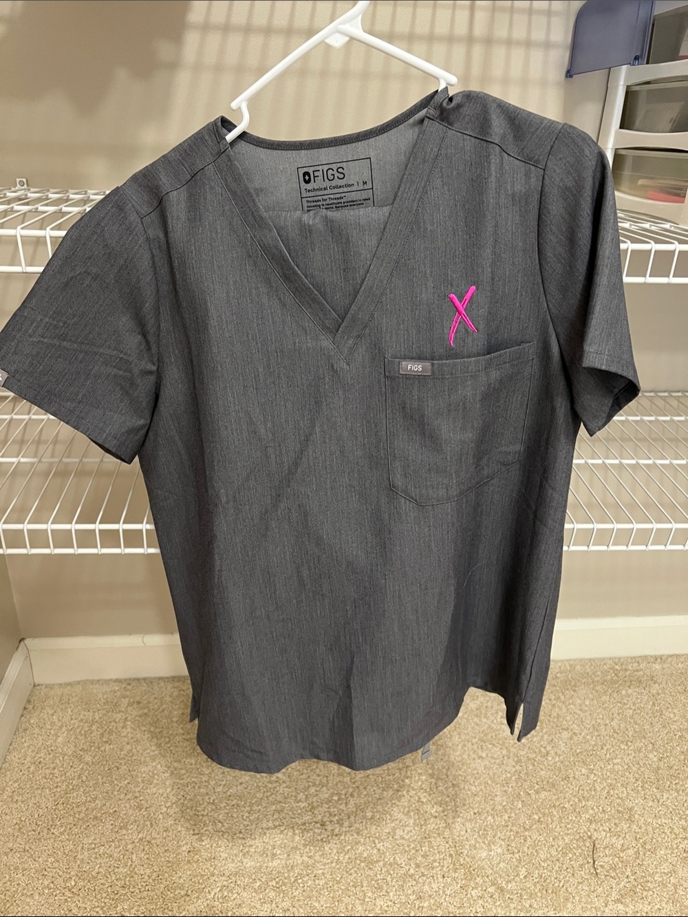 FIGS woman’s Charcoal V-Neck Scrub Top with Pink Accent (Xeomin logo) Both Sz:M